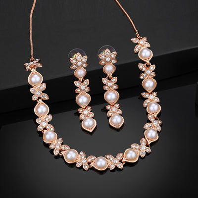 Estele Rose Gold Plated Eye Catching Pearl Necklace Set for Women