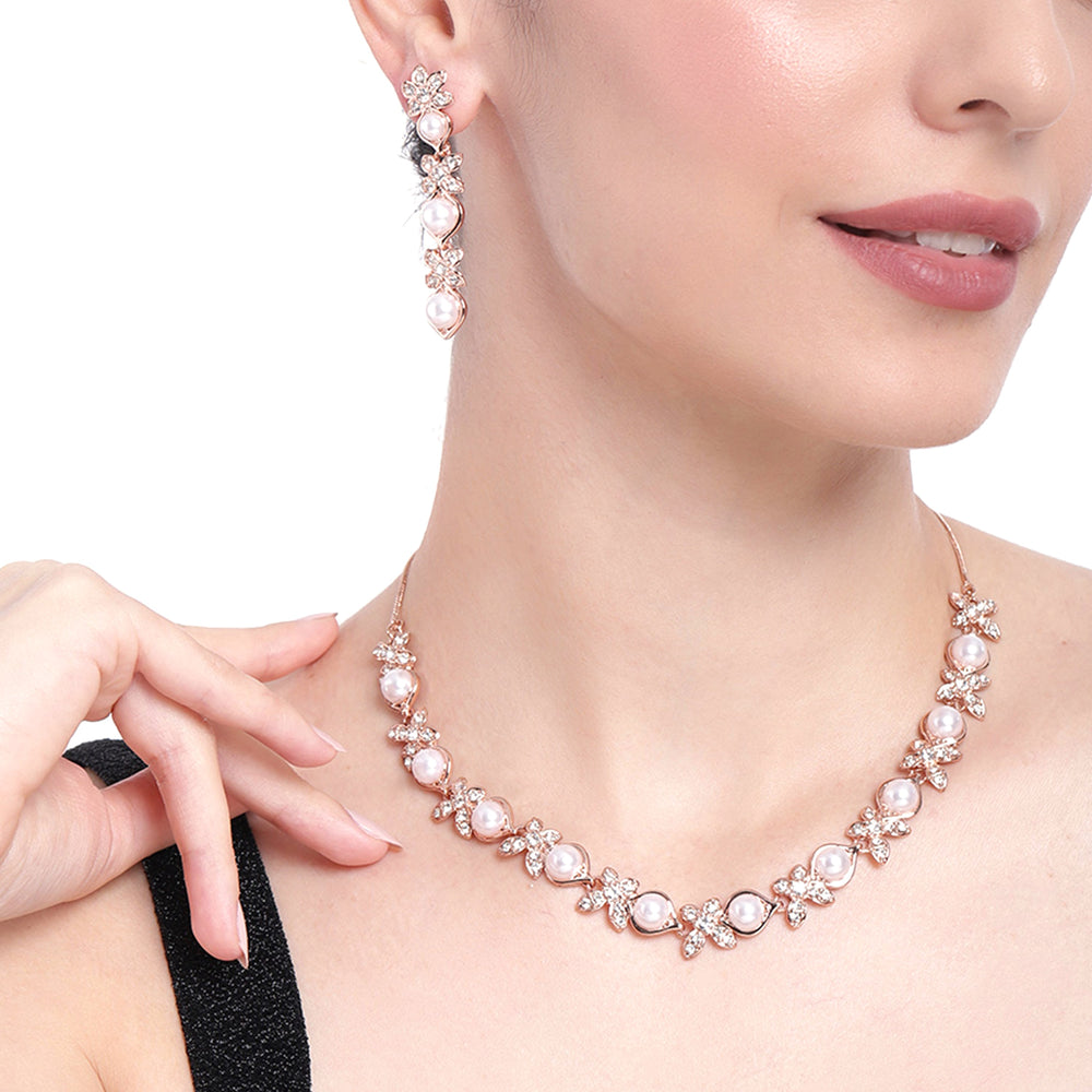Estele Rose Gold Plated Eye Catching Pearl Necklace Set for Women