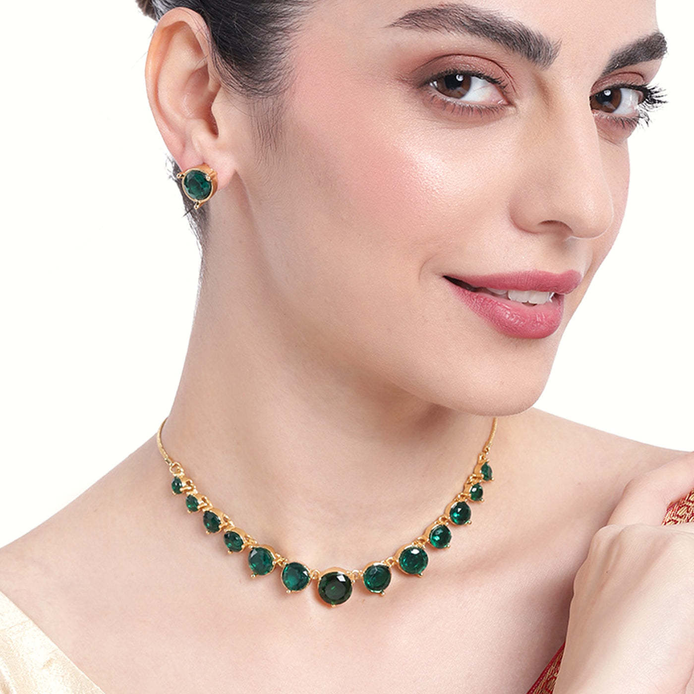 Estele Gold Plated Sparkling Necklace set with Green Austrian Crystals for Women