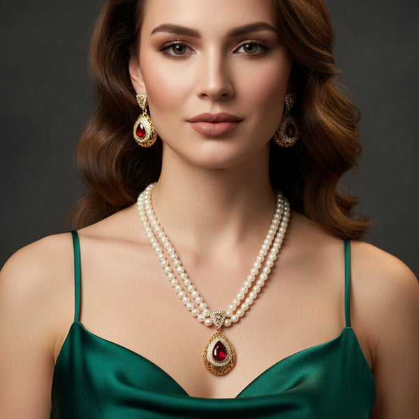 Ruby Pearl Double Necklace Set