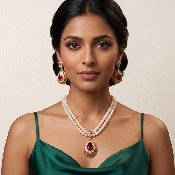 Ruby Pearl Double Necklace Set