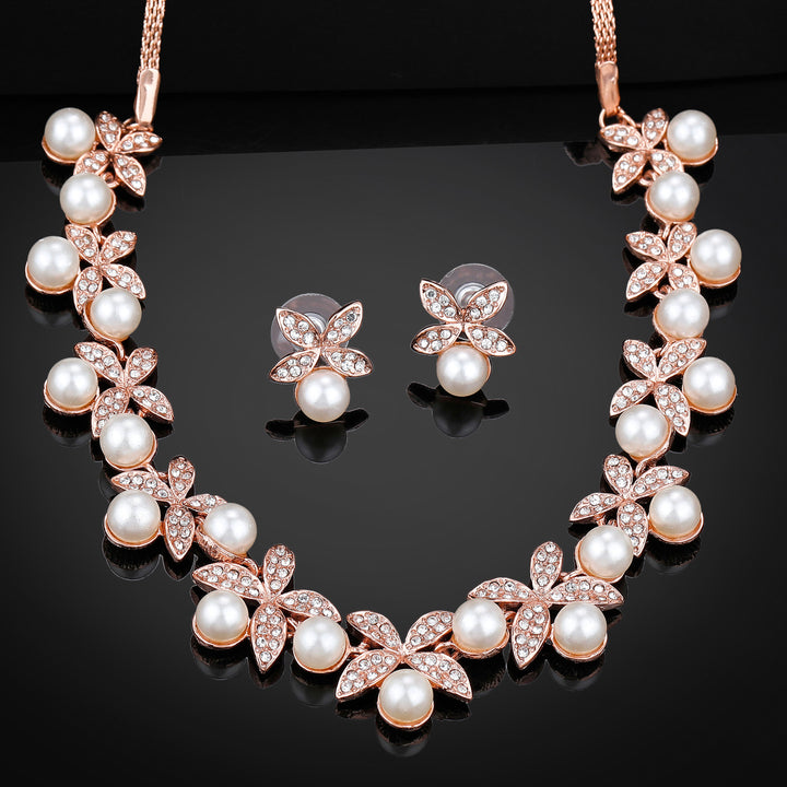 Estele Rose Gold Plated Flower Designer Necklace Set with Crystals for Women