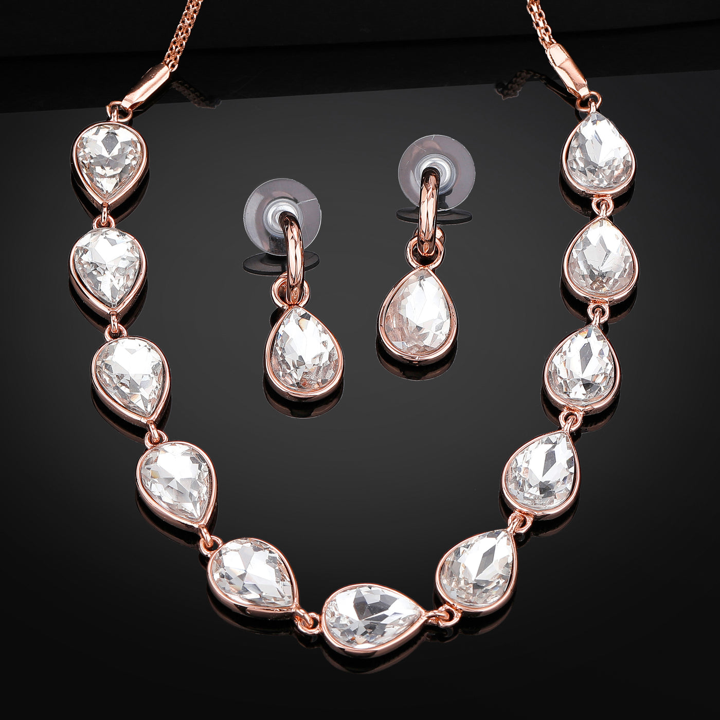 Estele Rose Gold Plated Sparkling Drop Designer Necklace Set with Crystals for Women