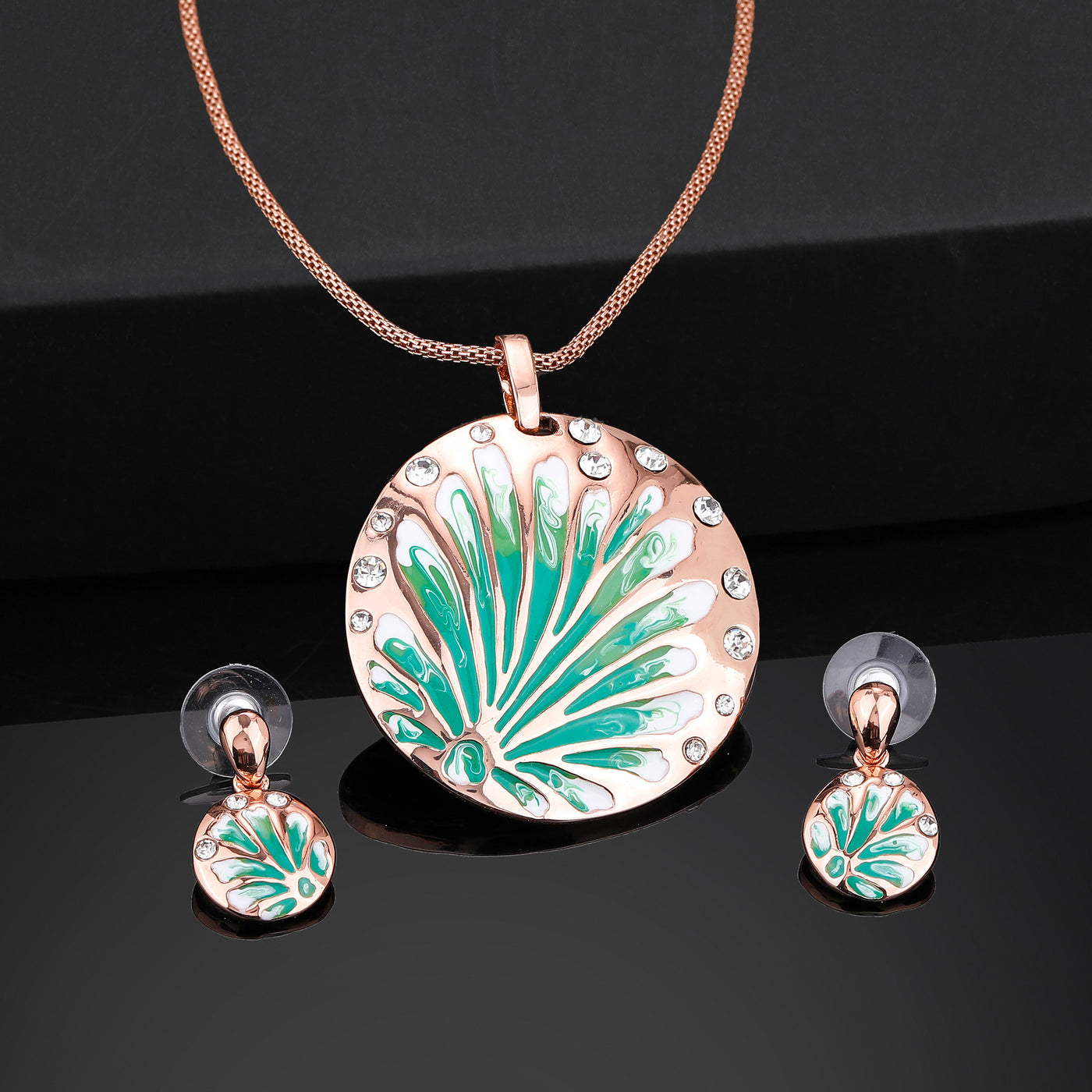 Estele Rose Gold Plated Stylish Circular Necklace Set with Green Enamel for Women