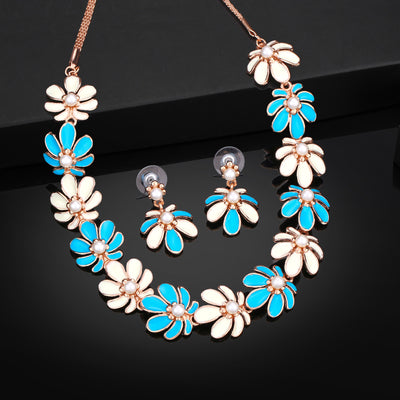 Estele Rose Gold Plated Floret Designer Necklace Set with Pearls & Enamel for Women