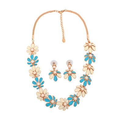 Estele Rose Gold Plated Floret Designer Necklace Set with Pearls & Enamel for Women