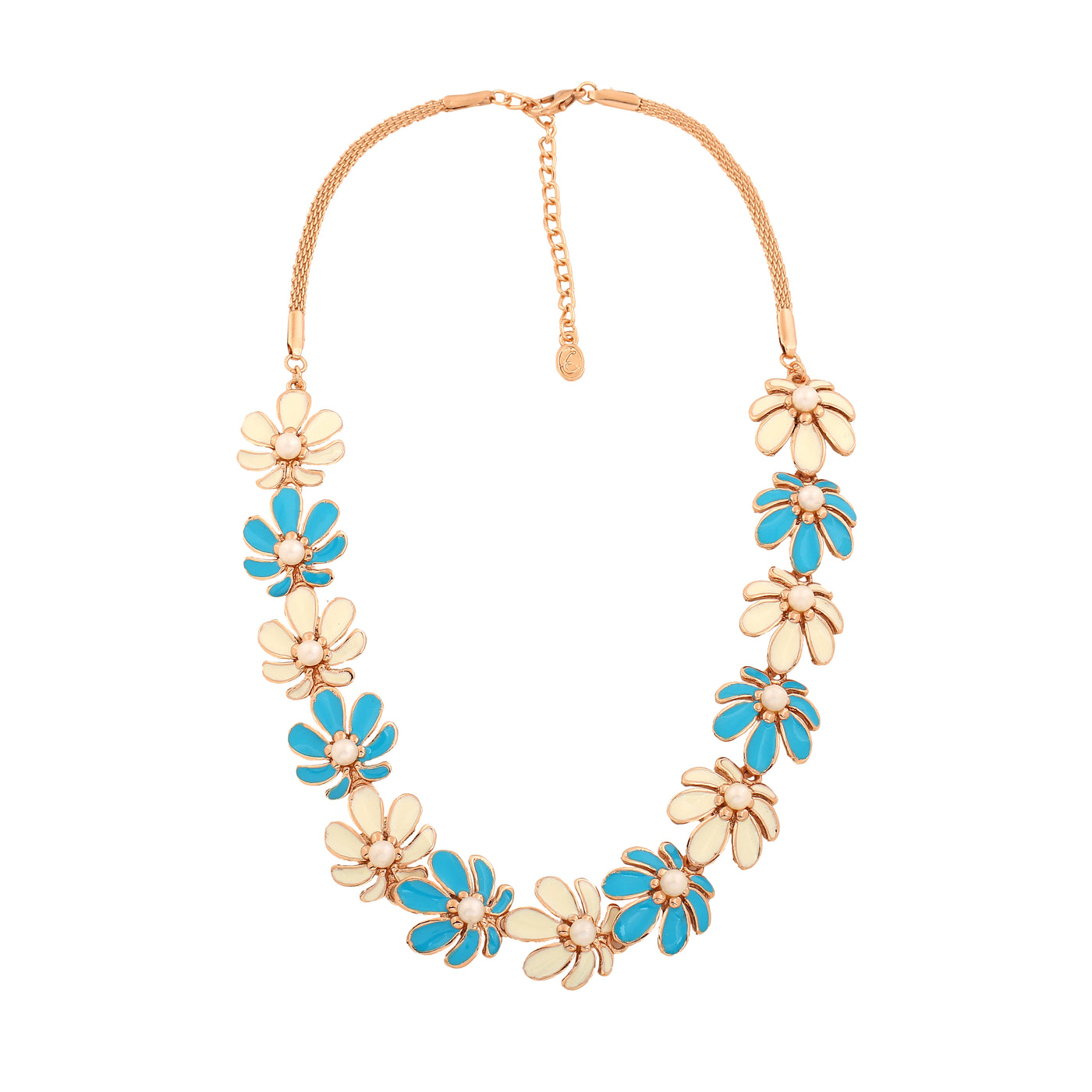 Estele Rose Gold Plated Floret Designer Necklace Set with Pearls & Enamel for Women