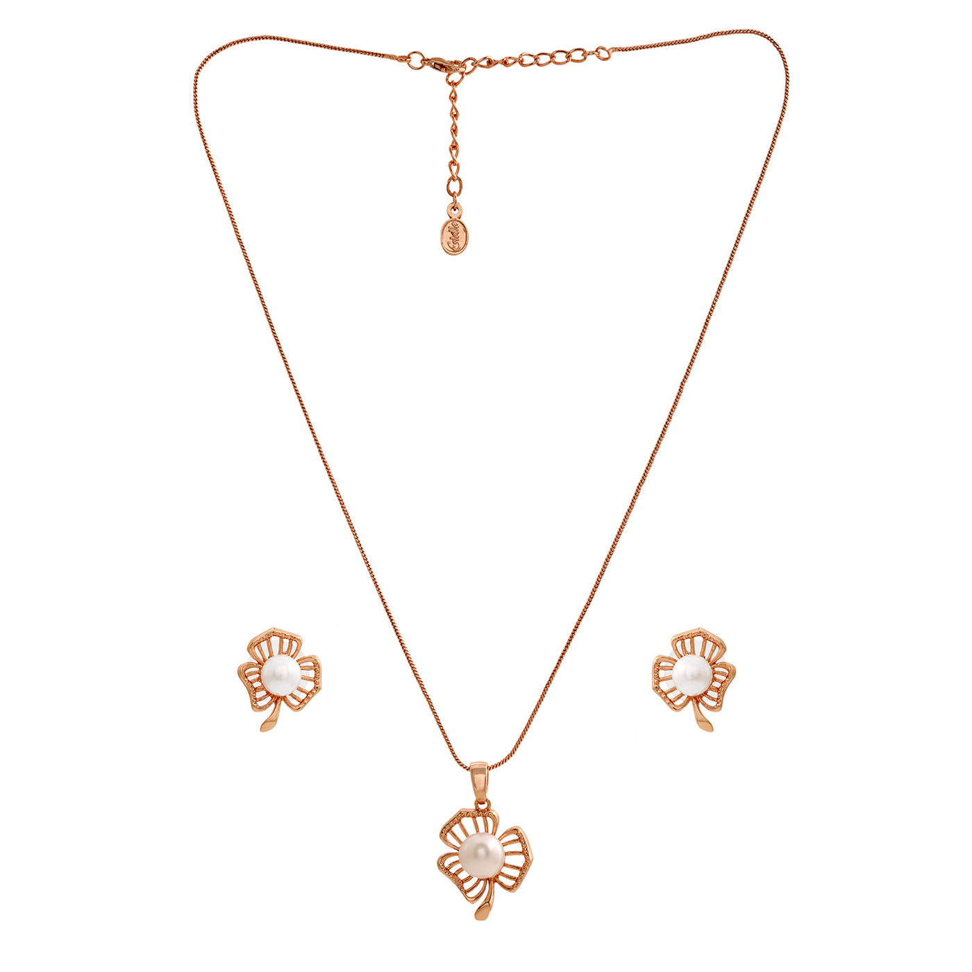 Estele Rosegold Plated Floral Pattern White Pearl Adorned Pendant Necklace Set for Girls & Women