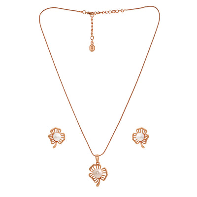 Estele Rosegold Plated Floral Pattern White Pearl Adorned Pendant Necklace Set for Girls & Women