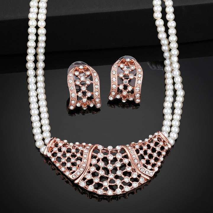 Estele Rose Gold Plated Shimmering Pearl Necklace Set with Crystals for Women