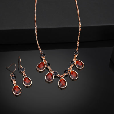Estele Rose Gold Plated Tear Drop Shaped Necklace Set with Austrian Crystals for Women