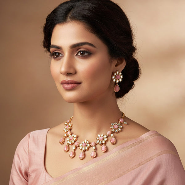 Estele Gold Plated Floral Designer Kundan Necklace Set for Women