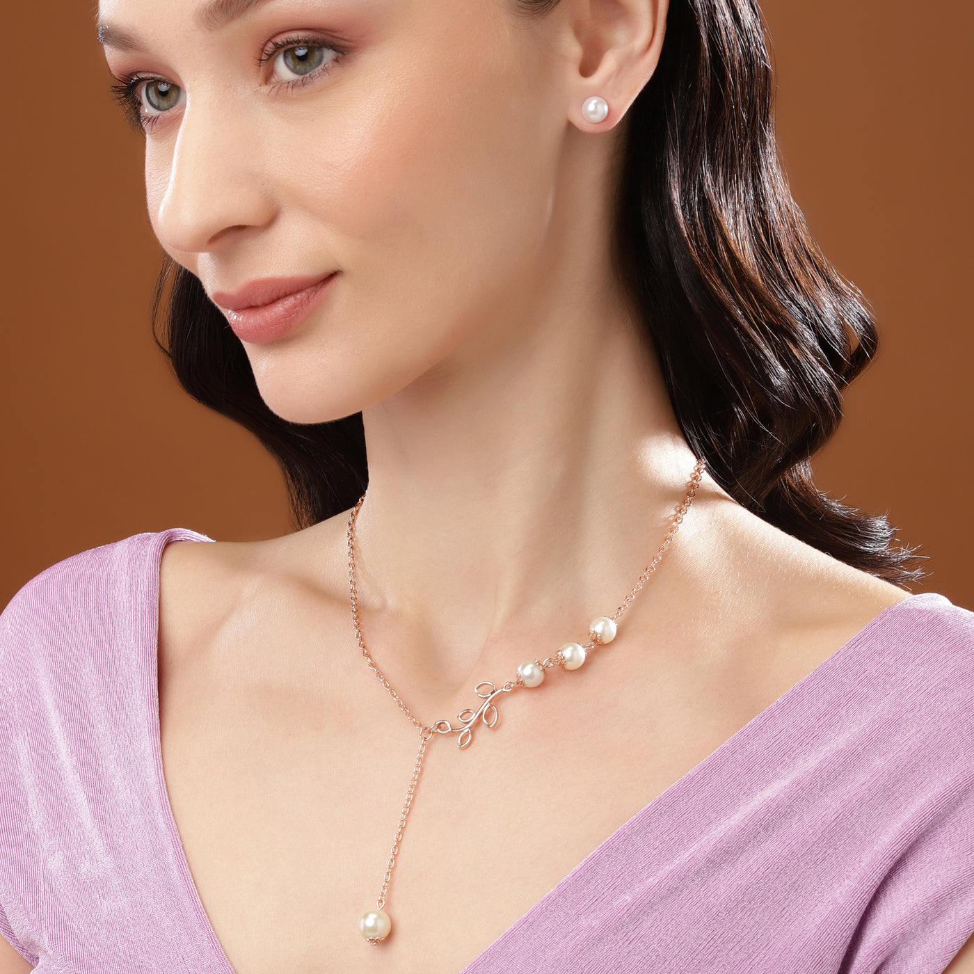 Estele Rose Gold Plated Beautiful Necklace Set with Pearls for Women