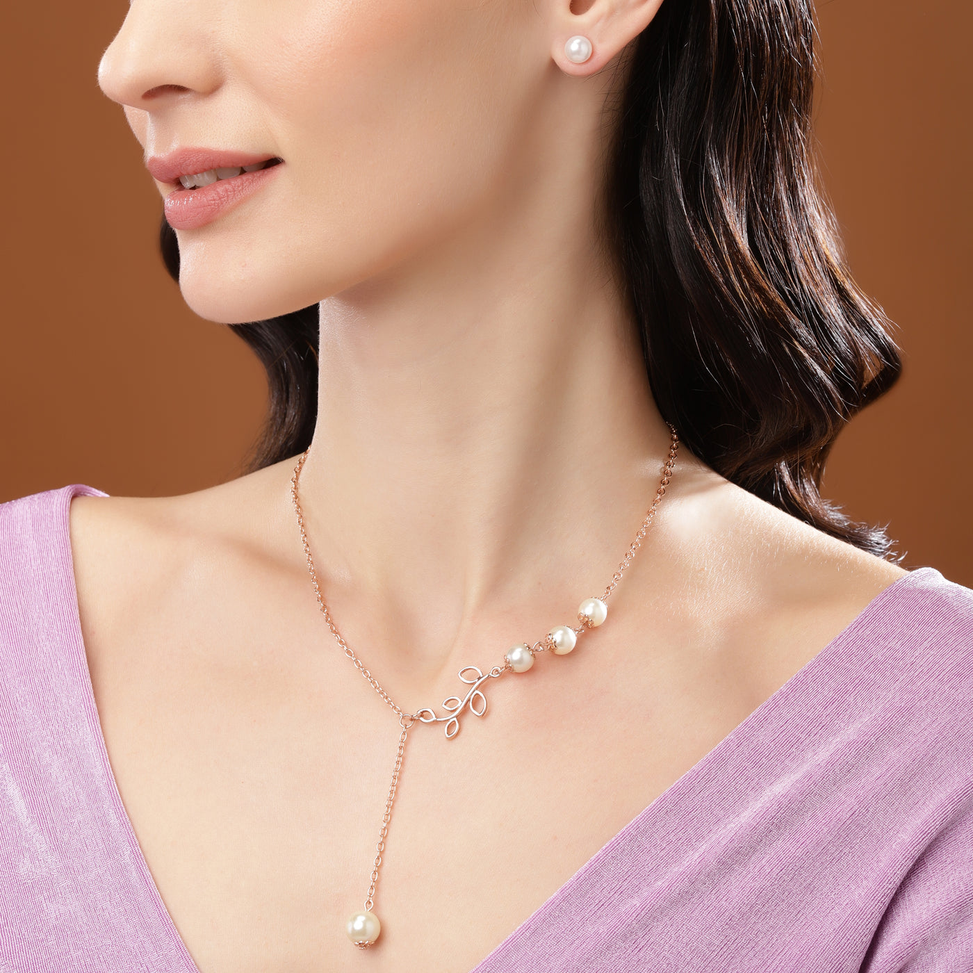 Estele Rose Gold Plated Beautiful Necklace Set with Pearls for Women