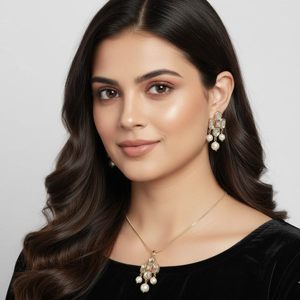 Estele 24 Kt Gold Plated Kundan with Pearl Drop Necklace Set for Women