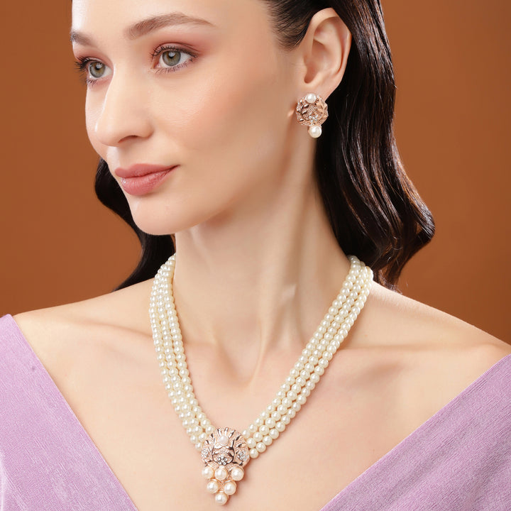 Estele Rose Gold Plated Sparkling Necklace Set with Pearls for Women