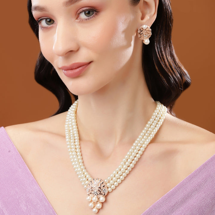Estele Rose Gold Plated Sparkling Necklace Set with Pearls for Women