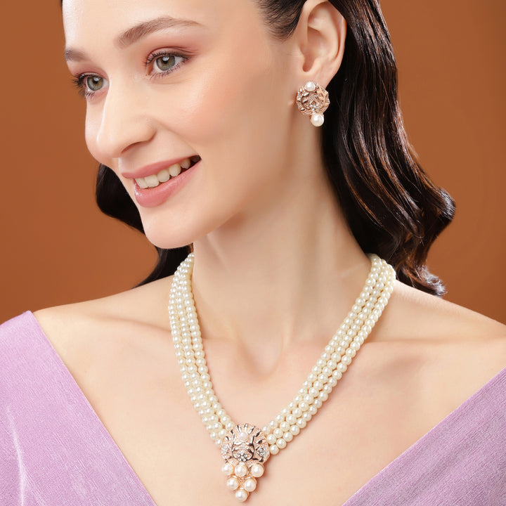 Estele Rose Gold Plated Sparkling Necklace Set with Pearls for Women
