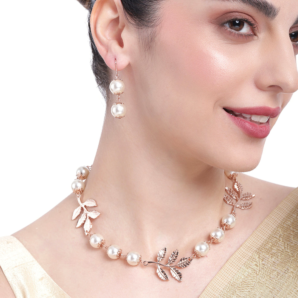 Buy Estele Rose Gold Plated Leaf Designer Necklace Set with Pearls
