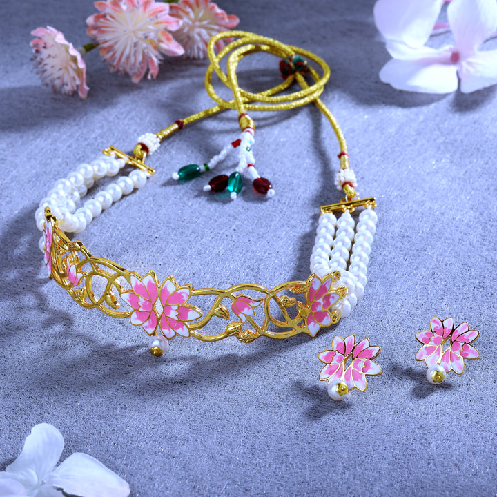 Estele Gold Plated Latest Lotus Designer Pearl Choker Necklace Set with Pink Enamel for Girl's & Women