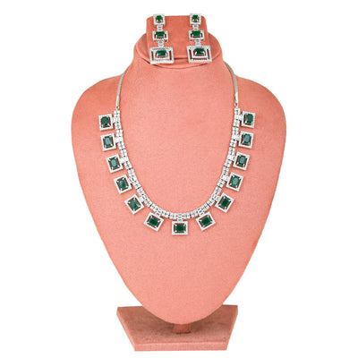 Estele Rhodium Plated CZ Geometric Designer Necklace Set with Emerald Crystals for Women