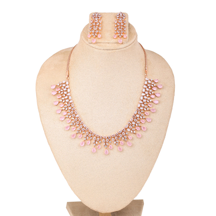 Estele Rose Gold Plated CZ Sparkling Necklace Set with Mint Pink Stones for Women