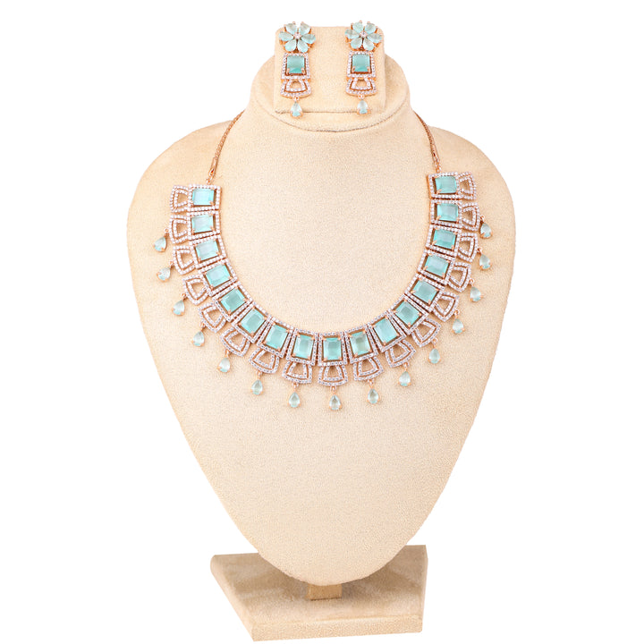 Estele Rose Gold Plated CZ Glimmering Dulhan Necklace Set with Mint Green and White Crystals for Women