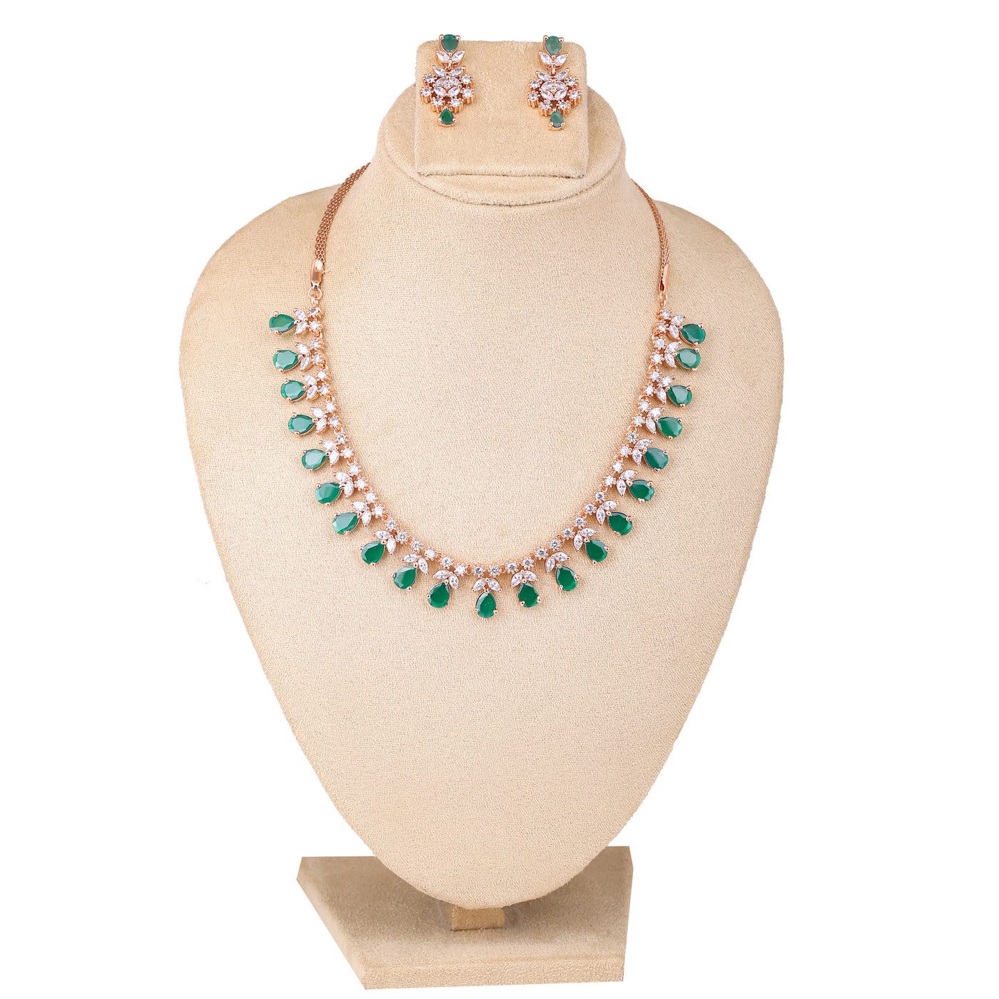 Estele Rose Gold Plated CZ Glamorous Necklace Set with Green Stones for Women