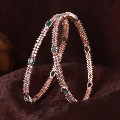 Estele Rose Gold Plated CZ Sparkling Bangles with Green Crystals for Women