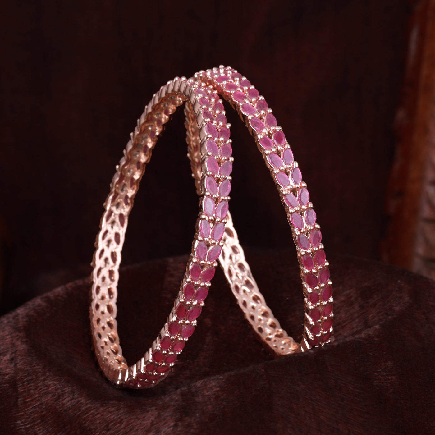 Estele Rosegold-Plated Sparkling Ruby American Diamond 2:6 Size Bangles with Leafy Accents |Perfect for Modern & Traditional Outfits for Women