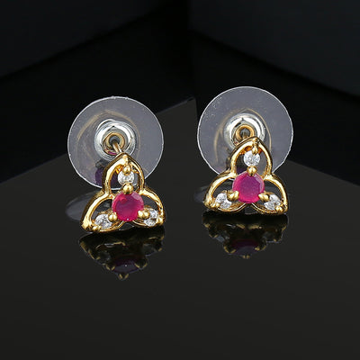 Estele Gold Plated CZ Floral Stud Earrings with Ruby Stones for Women