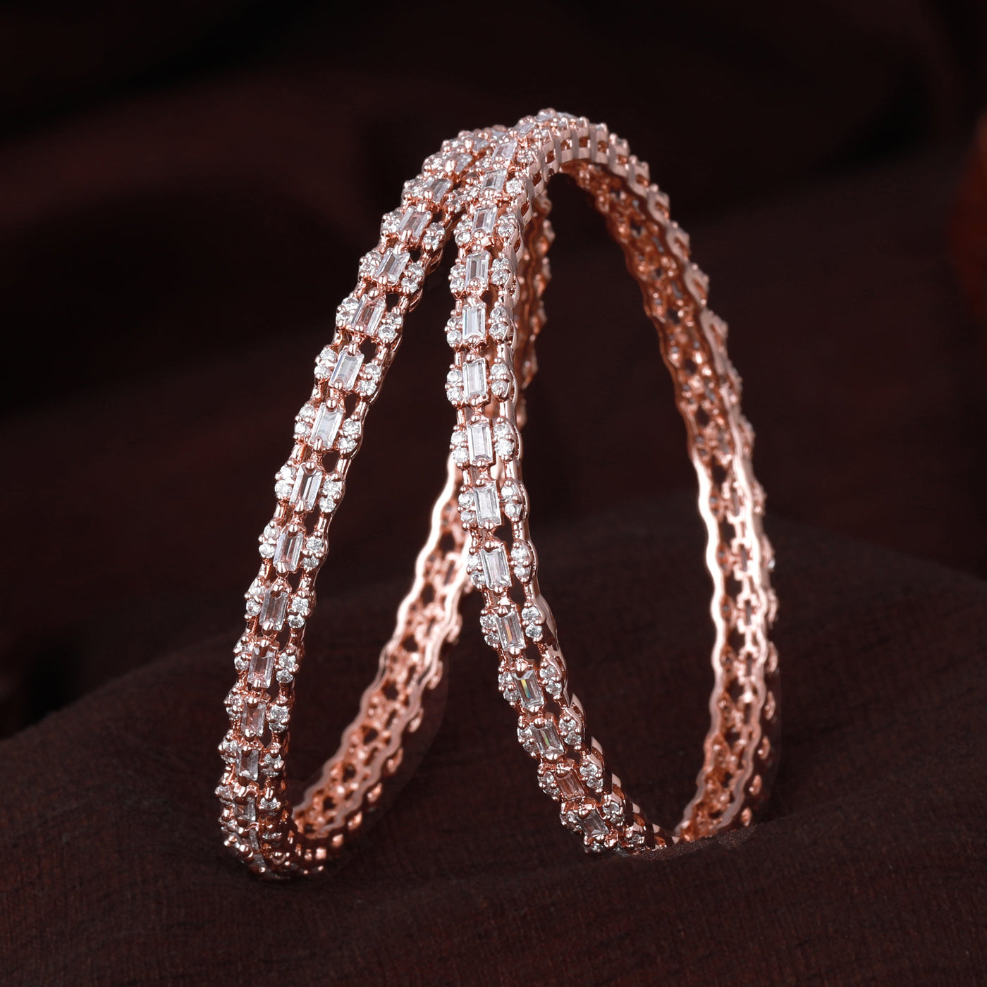 Estele Rose Gold Plated CZ Gleaming Bangles with White Stones for Women