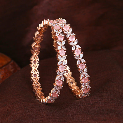 Estele Rose Gold Plated CZ Flower Designer Bangles with Mint Pink Stones for Women