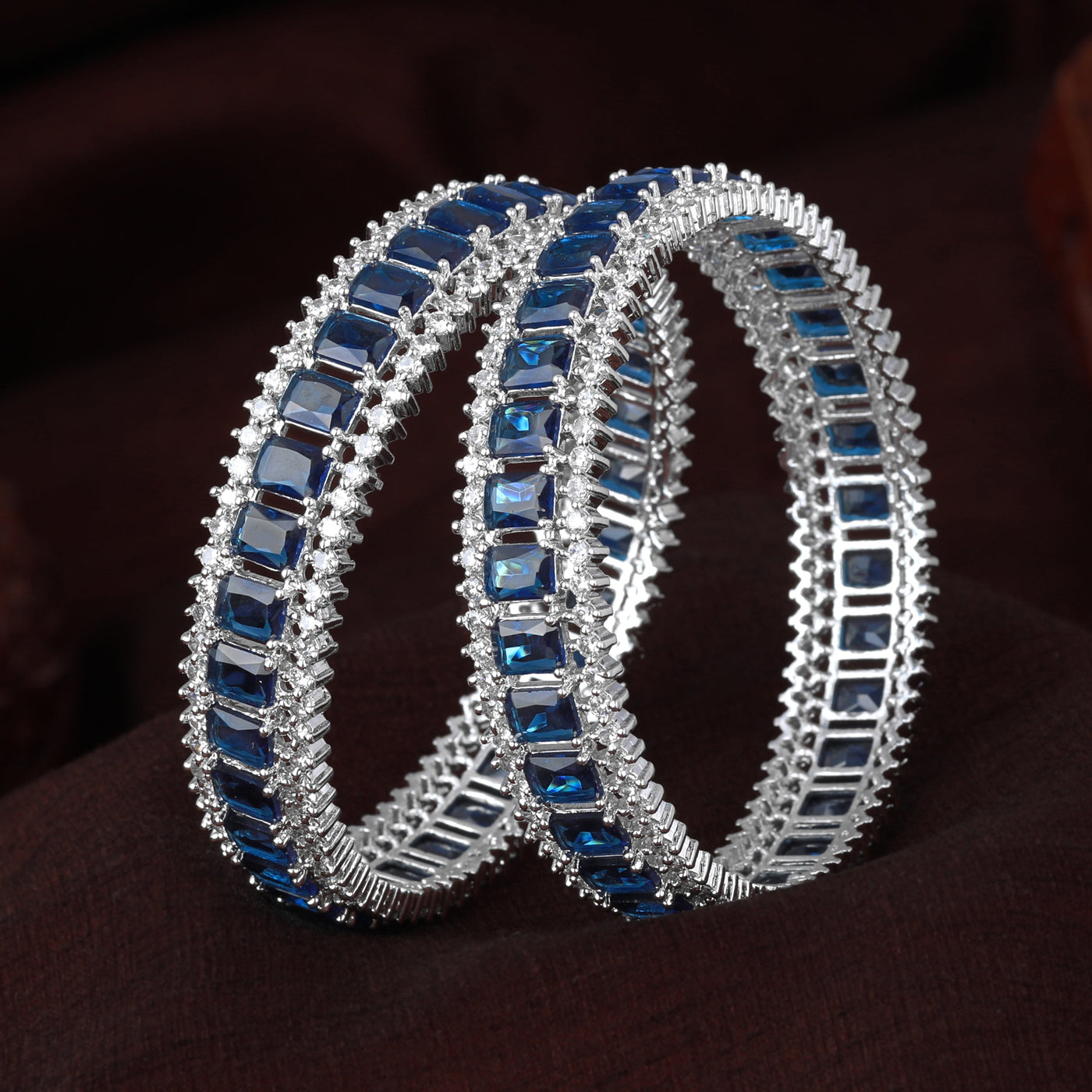 Estele Rhodium Plated CZ Captivating Designer Bangles with Blue Stones for Women