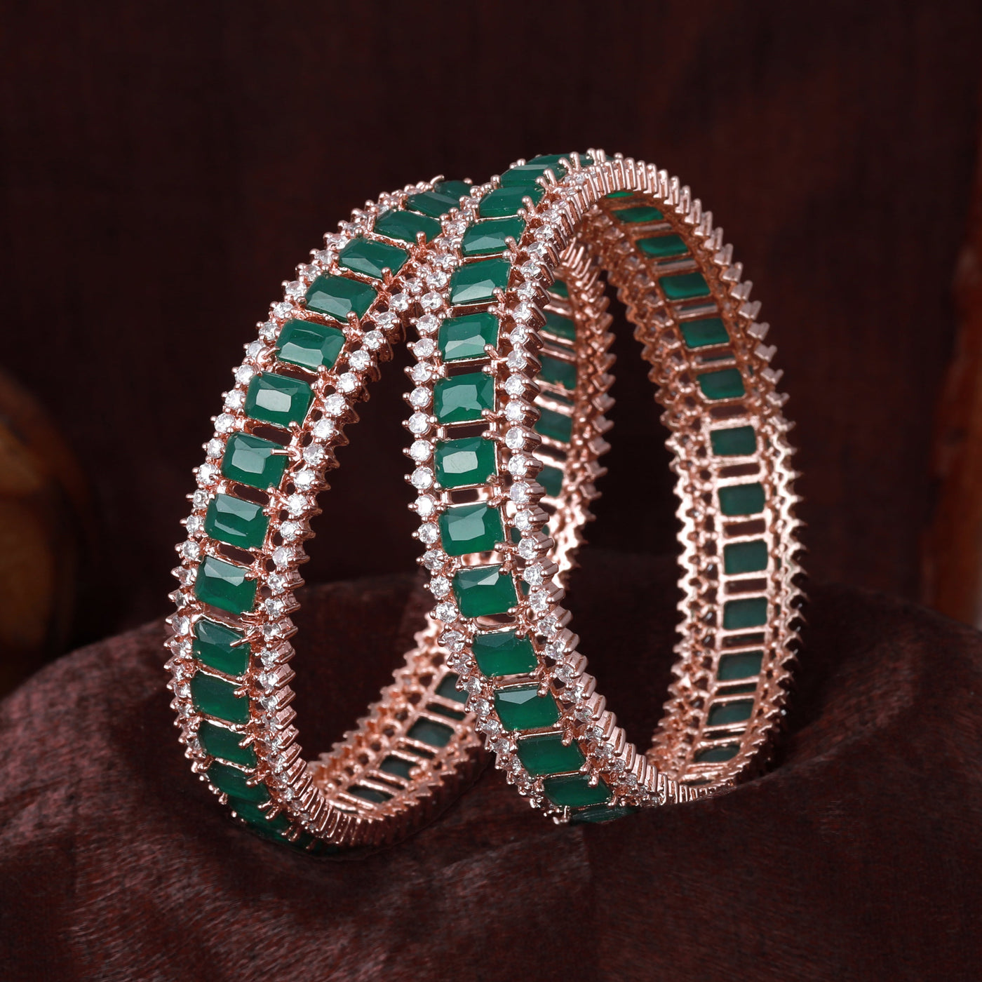 Estele Rose Gold Plated CZ Captivating Designer Bangles with Green Stones for Women