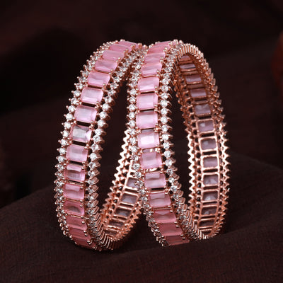 Estele Rose Gold Plated CZ Captivating Designer Bangles with Mint Pink Stones for Women