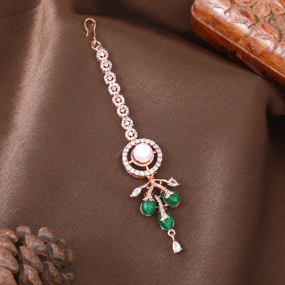 Estele Rosegold Plated Modern Circular Design Green Beaded Maang Tikka with Dazzling American Diamond Jewelry for Women