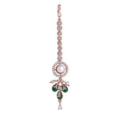 Estele Rosegold Plated Modern Circular Design Green Beaded Maang Tikka with Dazzling American Diamond Jewelry for Women