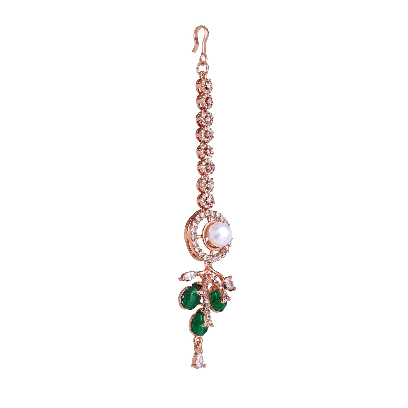 Estele Rosegold Plated Modern Circular Design Green Beaded Maang Tikka with Dazzling American Diamond Jewelry for Women