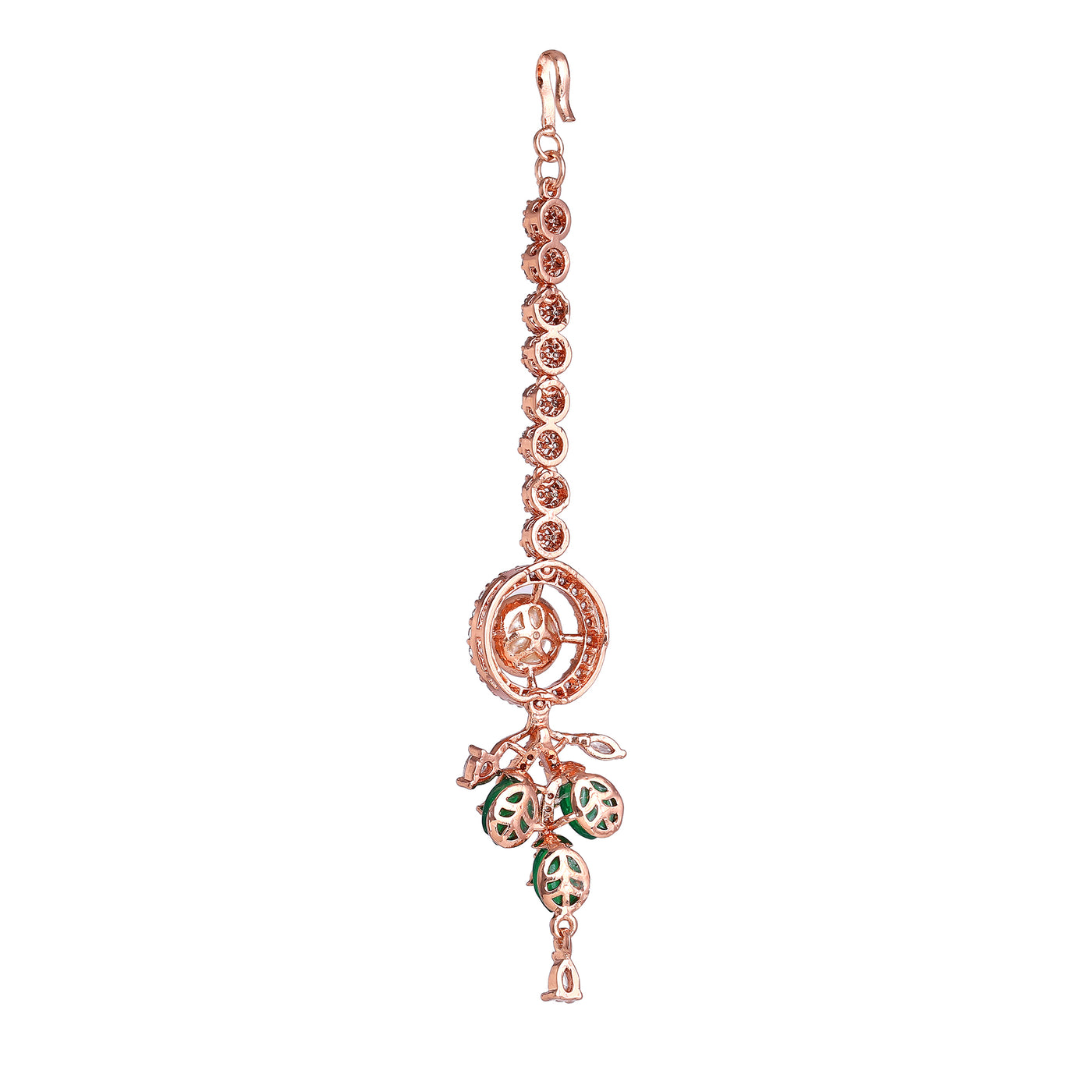 Estele Rosegold Plated Modern Circular Design Green Beaded Maang Tikka with Dazzling American Diamond Jewelry for Women