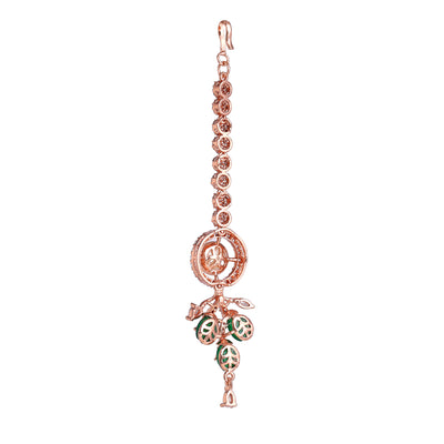 Estele Rosegold Plated Modern Circular Design Green Beaded Maang Tikka with Dazzling American Diamond Jewelry for Women