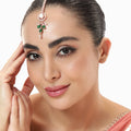 Estele Rosegold Plated Modern Circular Design Green Beaded Varya Maang Tikka with Dazzling American Diamond Jewelry for Women