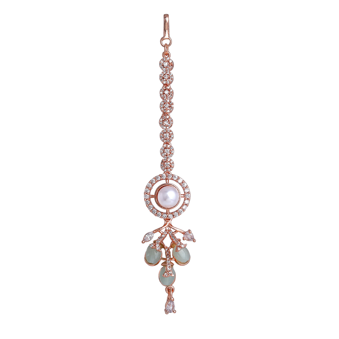 Estele Rosegold Plated Latest Circular Design Mint Green Beaded Varya Maang Tikka with Stunning American Diamonds for Women