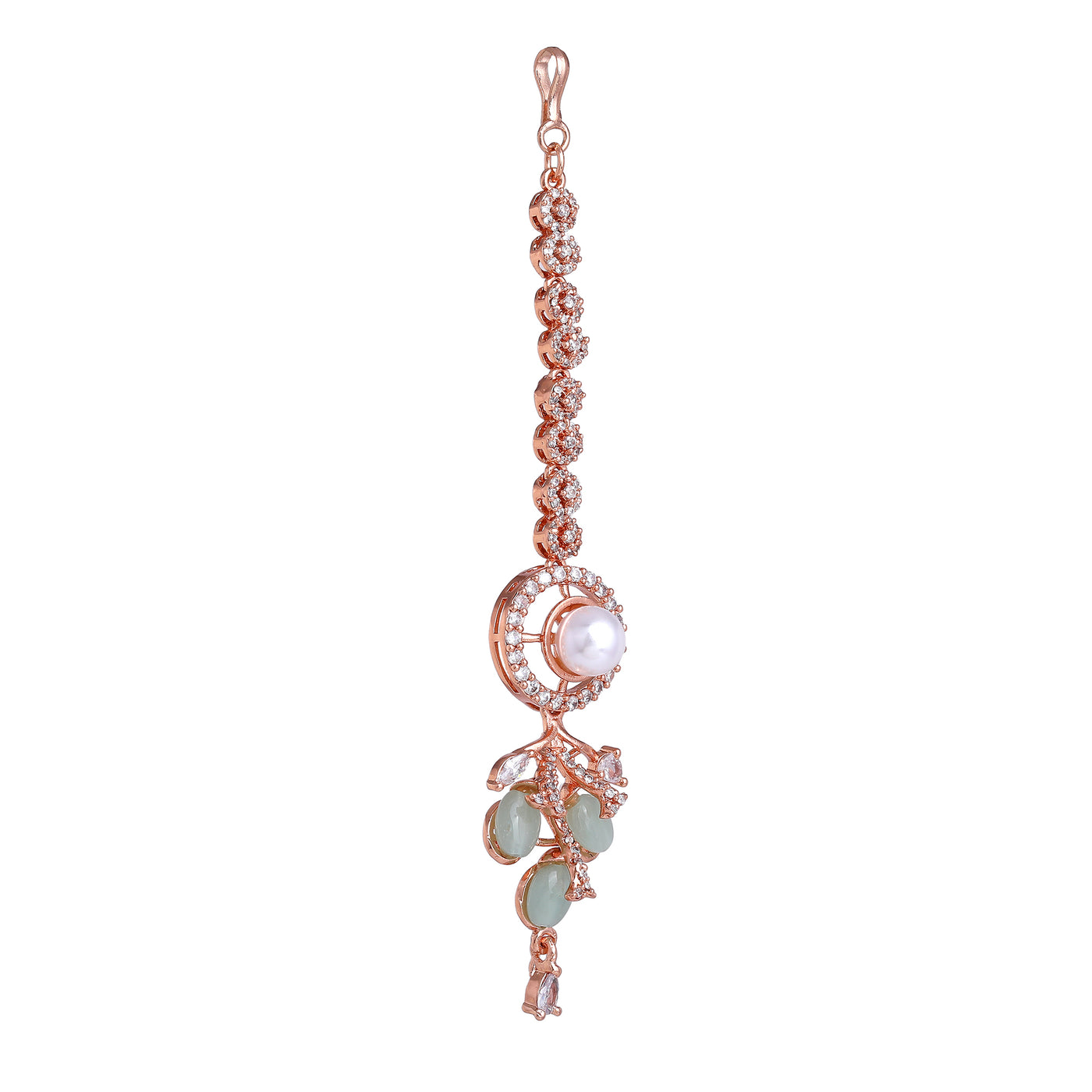 Estele Rosegold Plated Latest Circular Design Mint Green Beaded Varya Maang Tikka with Stunning American Diamonds for Women