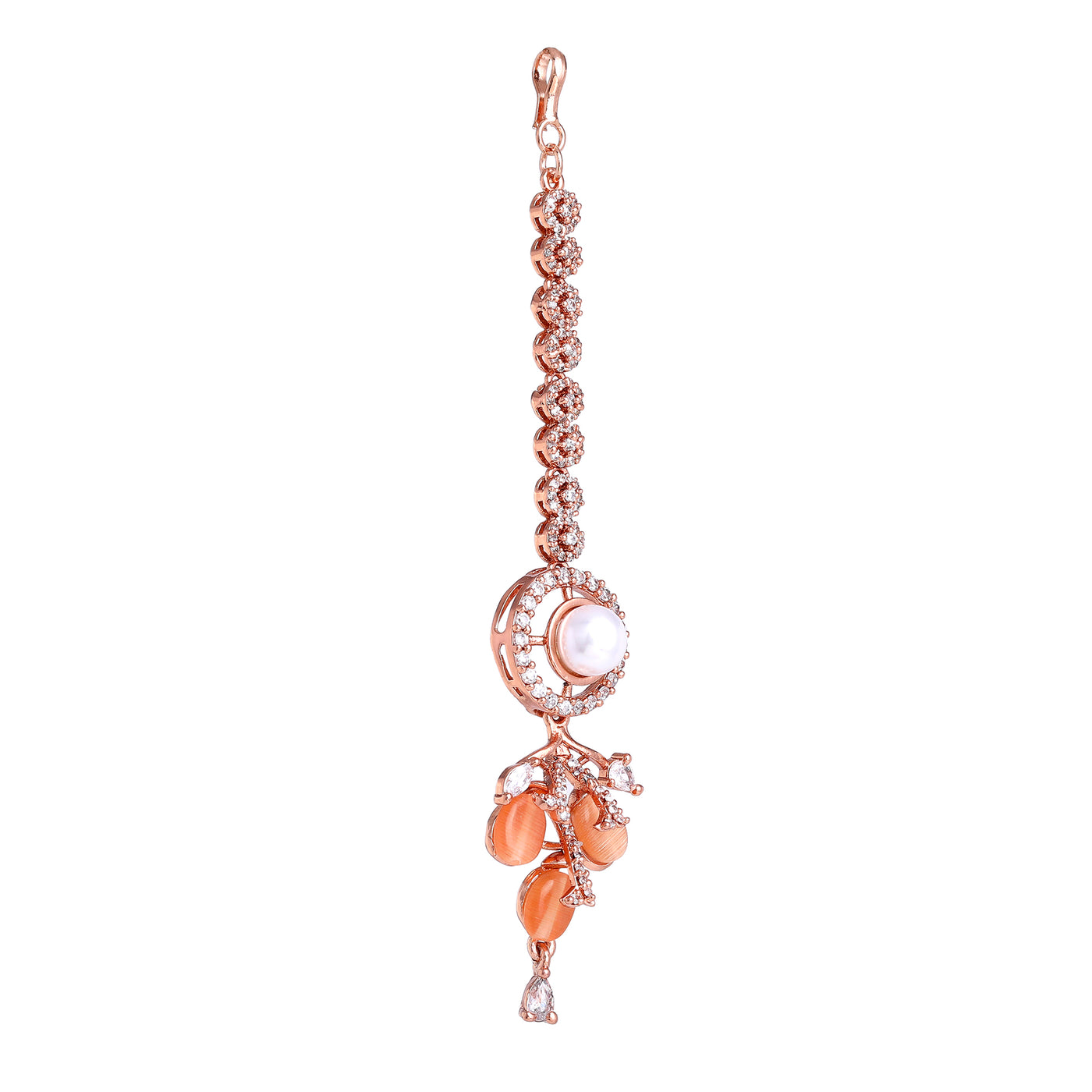 Estele Rosegold Plated Stylish Circular American Diamond & Mint Orange Bead Varya Maang Tikka: Elegant Accessory for Women