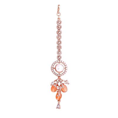 Estele Rosegold Plated Stylish Circular American Diamond & Mint Orange Bead Varya Maang Tikka: Elegant Accessory for Women