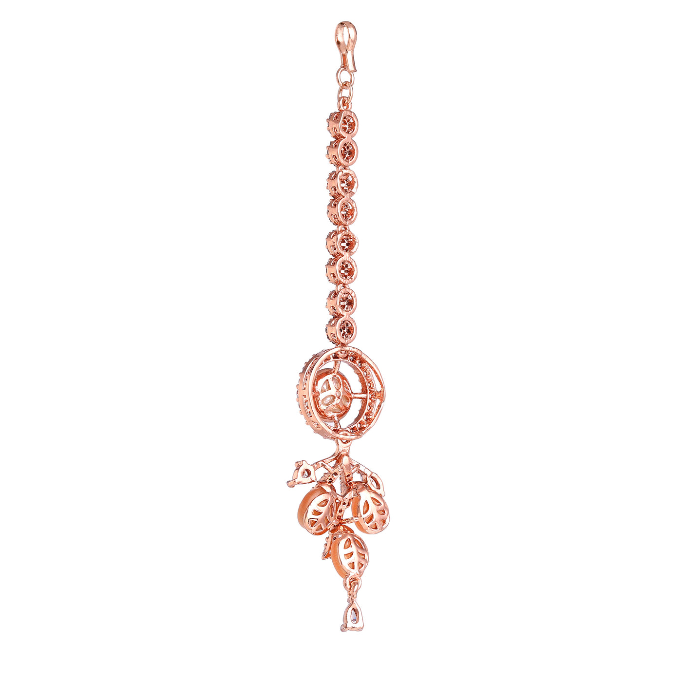 Estele Rosegold Plated Stylish Circular American Diamond & Mint Orange Bead Varya Maang Tikka: Elegant Accessory for Women