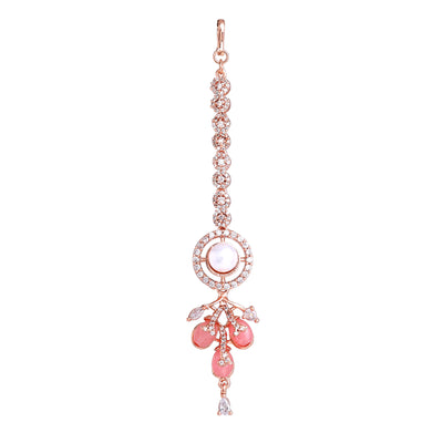 Estele Rosegold Plated Circular American Diamond Mint Pink Beaded Maang Tikka for Women|Stunning Jewelry for Lasting Elegance