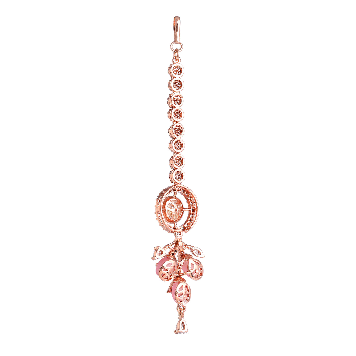 Estele Rosegold Plated Circular American Diamond Mint Pink Beaded Maang Tikka for Women|Stunning Jewelry for Lasting Elegance