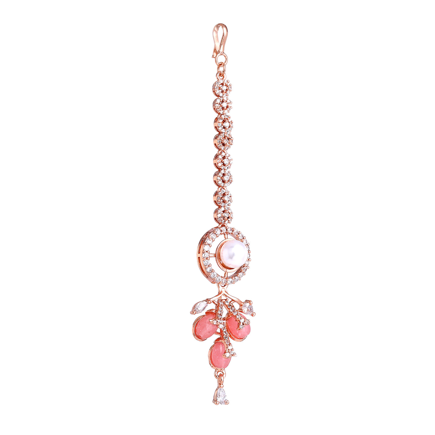 Estele Rosegold Plated Circular American Diamond Mint Pink Beaded Maang Tikka for Women|Stunning Jewelry for Lasting Elegance